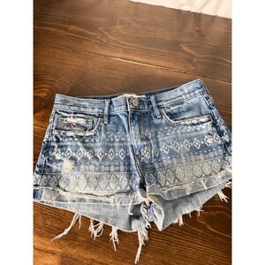 Hollister Womens Tribal Print Distressed Denim Shorts Blue Size 5 W27 Cut Off